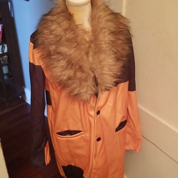 Womens Orange & Navy Color Block  Faux Fur Removable Collar Coat New Wool Look L - Picture 11 of 13